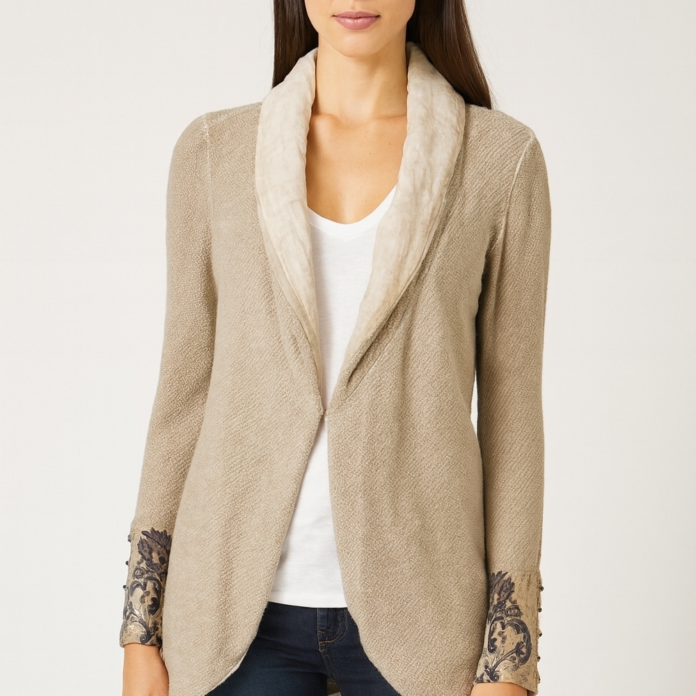 Soft Surroundings Beige Women's Cardigan/Blazer with Embroidered Cuffs
